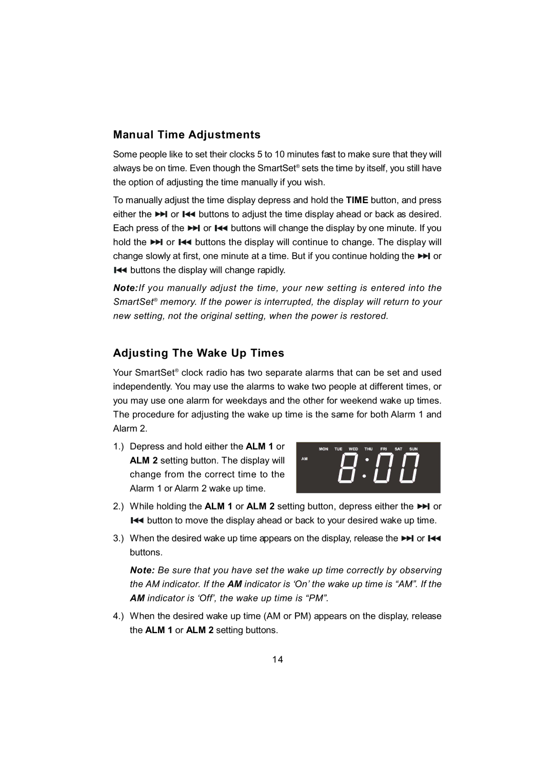 Emerson CKD5809C owner manual Manual Time Adjustments, Adjusting The Wake Up Times 