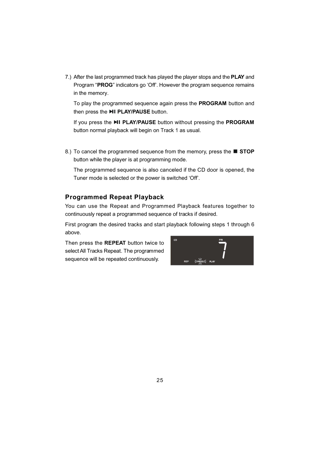 Emerson CKD5809C owner manual Programmed Repeat Playback, Stop 