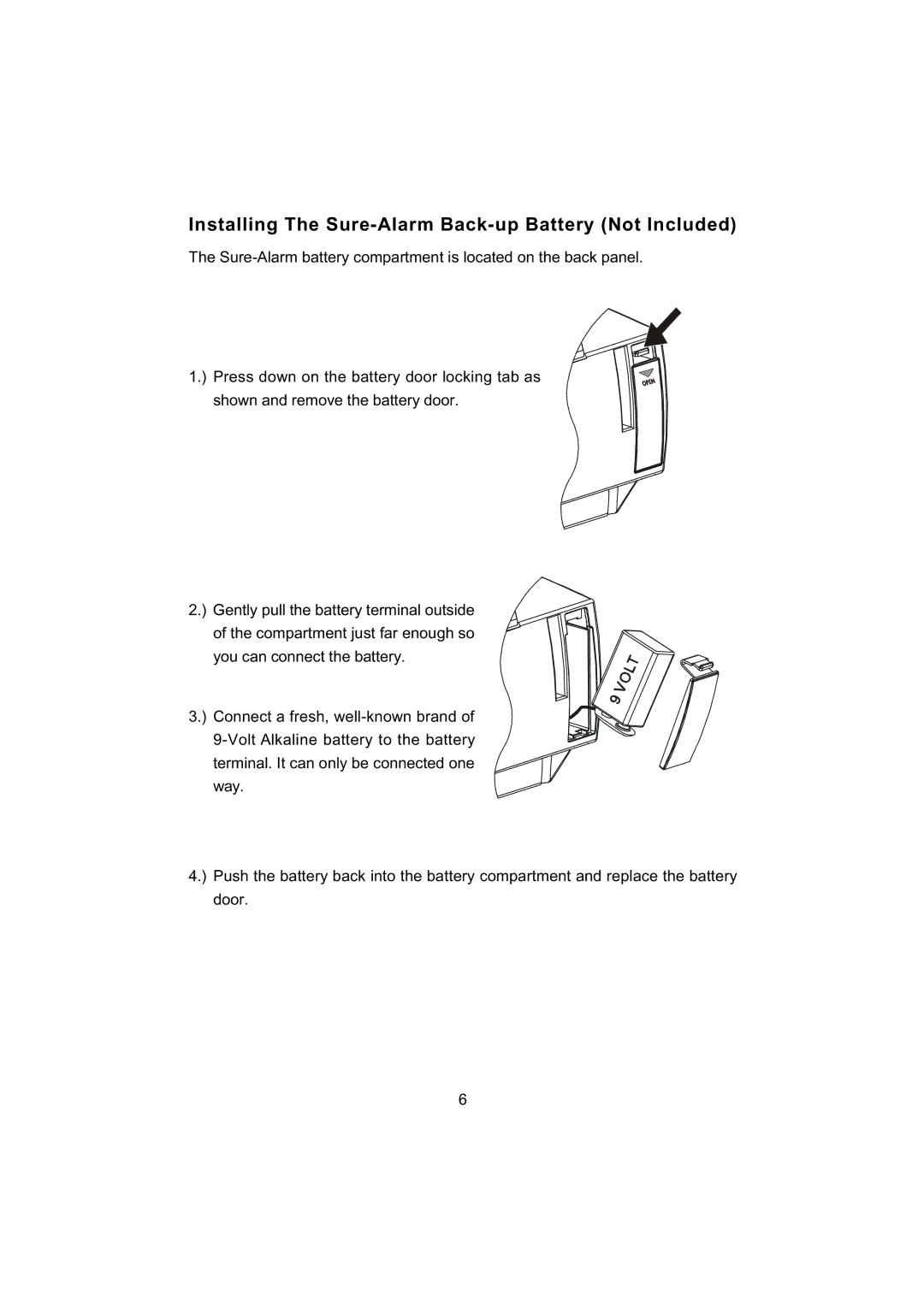 Emerson CKD5809C owner manual Installing The Sure-Alarm Back-up Battery Not Included 