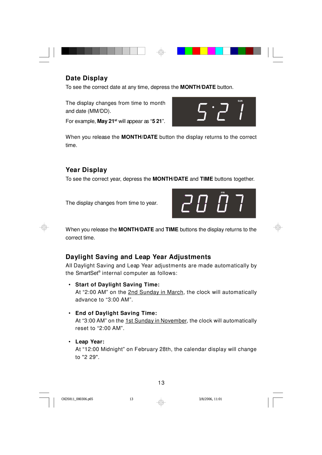 Emerson CKD5811 owner manual Date Display, Year Display, Daylight Saving and Leap Year Adjustments 