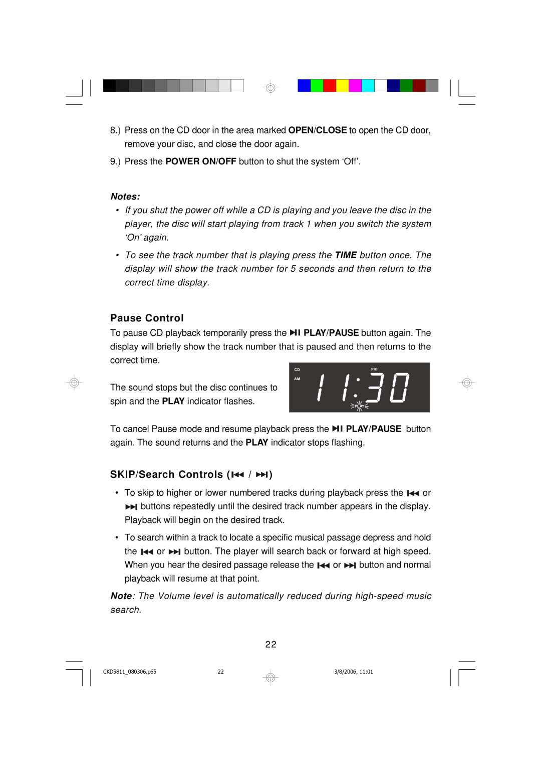 Emerson CKD5811 owner manual Pause Control, SKIP/Search Controls 