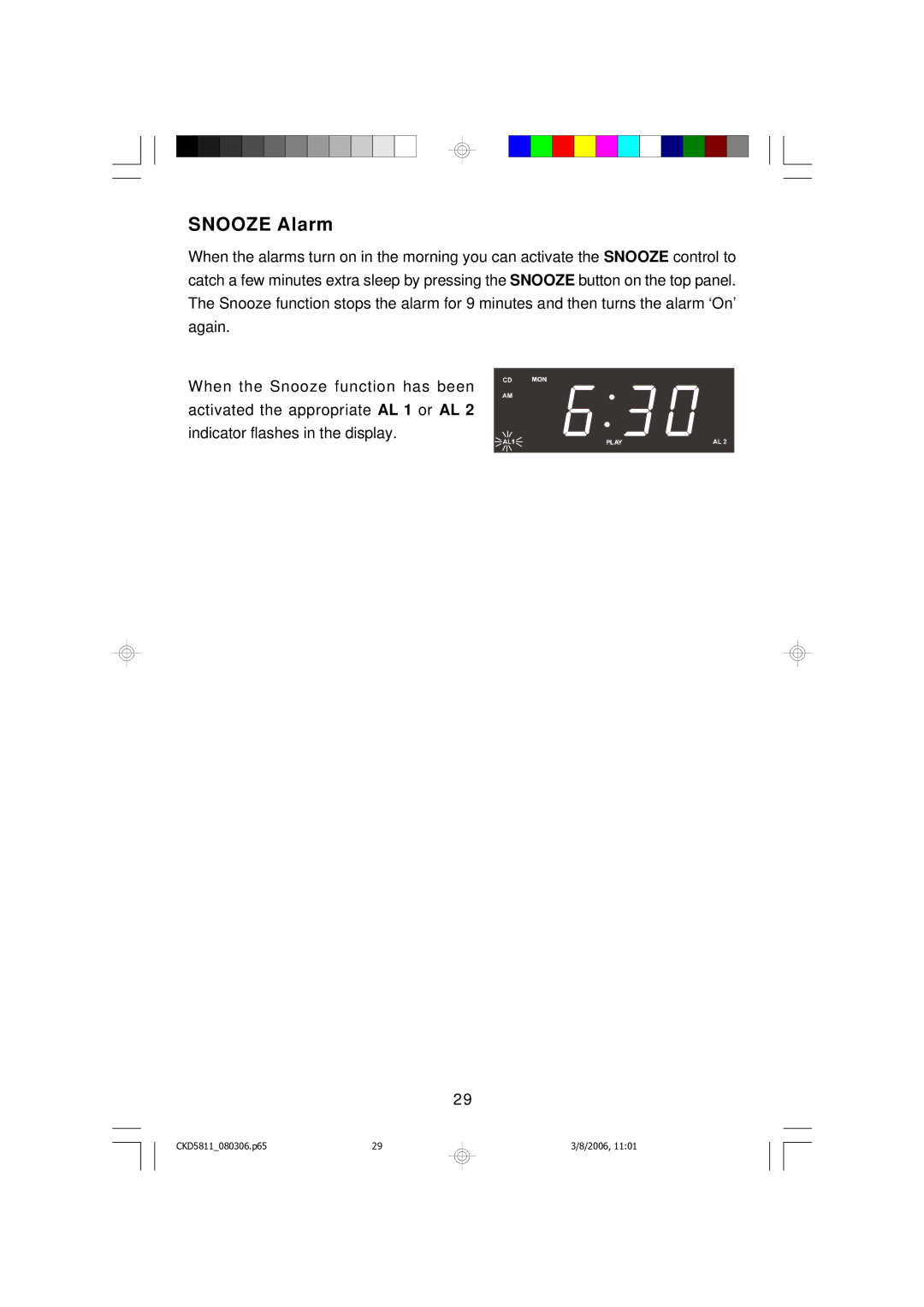 Emerson CKD5811 owner manual Snooze Alarm 