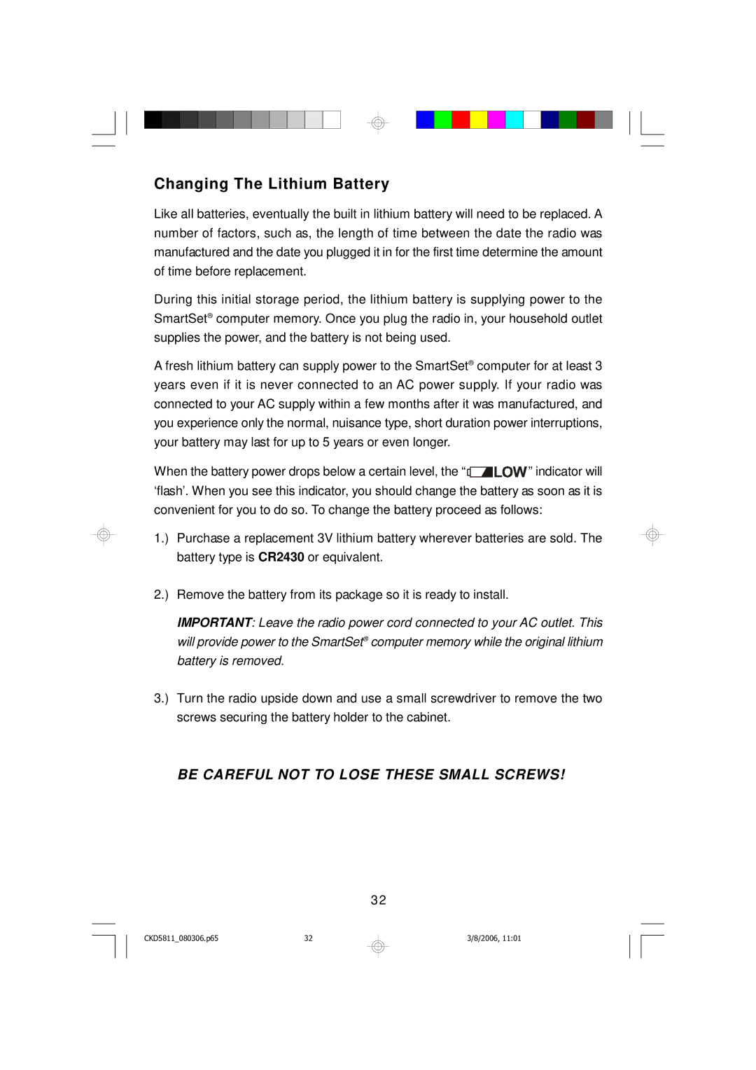 Emerson CKD5811 owner manual Changing The Lithium Battery, Be Careful not to Lose These Small Screws 