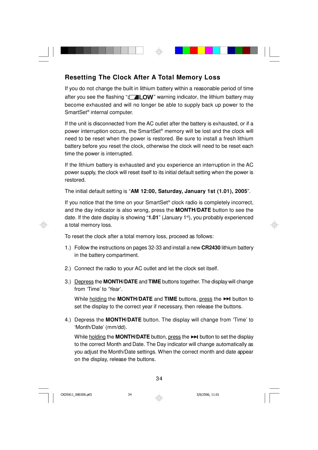 Emerson CKD5811 owner manual Resetting The Clock After a Total Memory Loss 