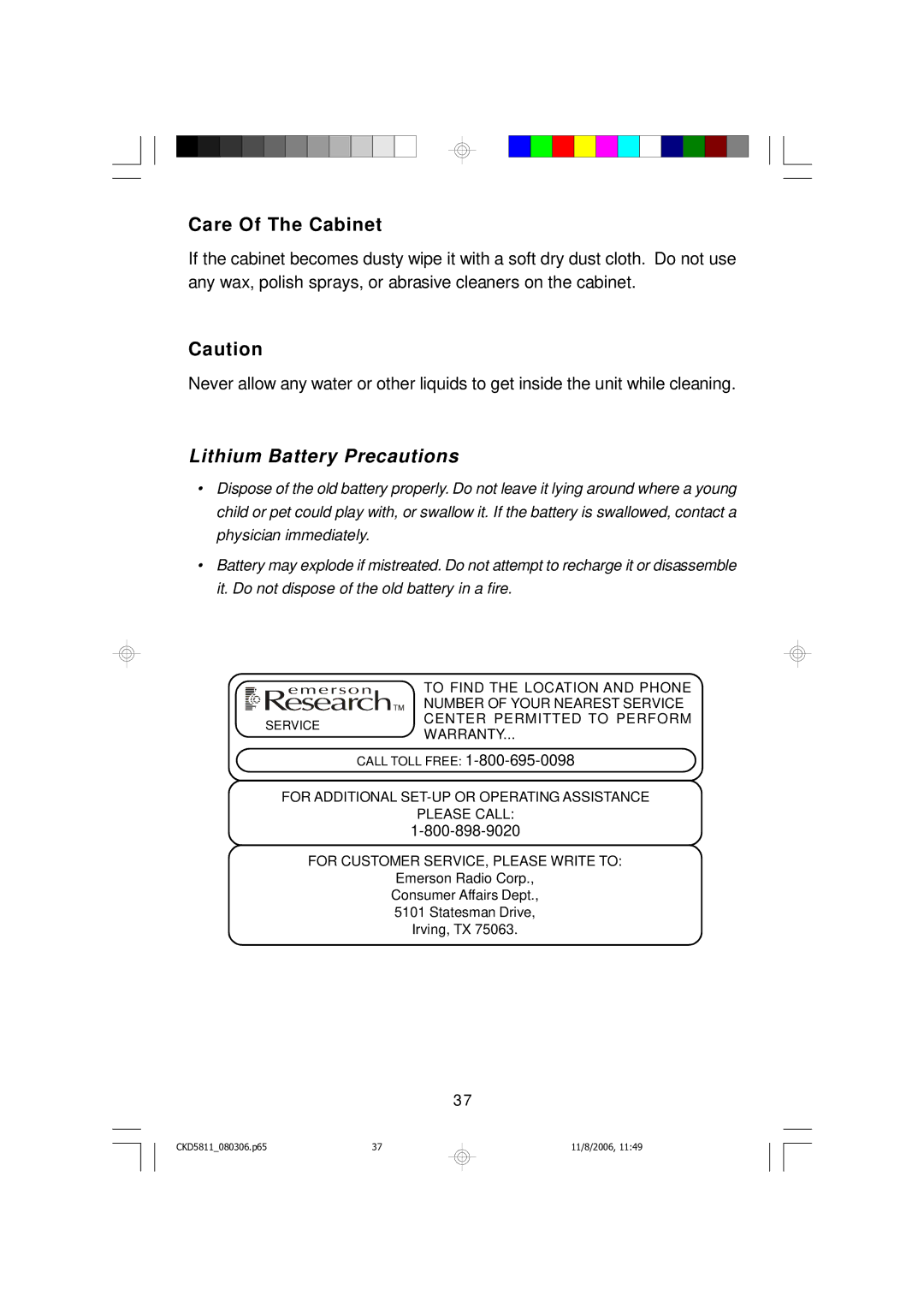 Emerson CKD5811 owner manual Care Of The Cabinet, Lithium Battery Precautions 