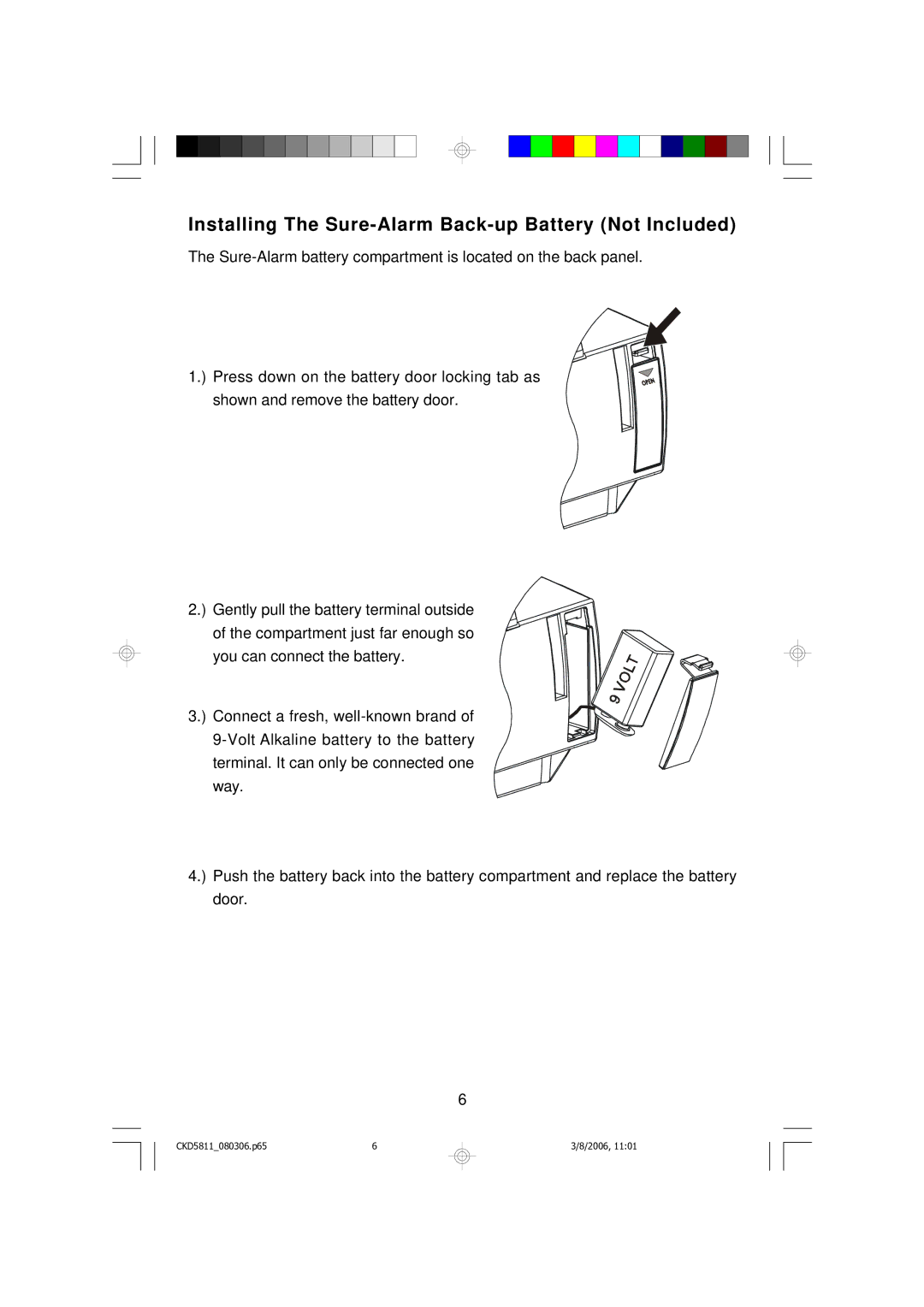 Emerson CKD5811 owner manual Installing The Sure-Alarm Back-up Battery Not Included 