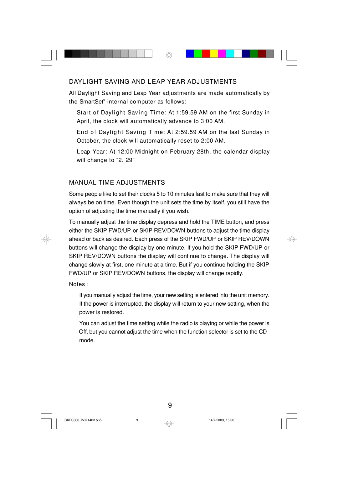 Emerson CKD8300 owner manual Daylight Saving and Leap Year Adjustments, Manual Time Adjustments 