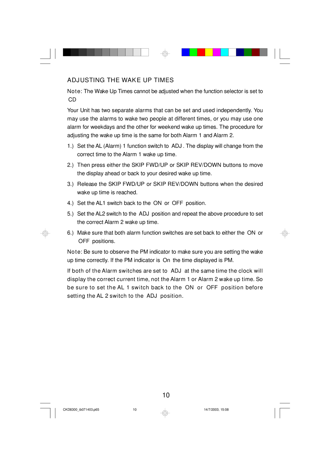 Emerson CKD8300 owner manual Adjusting the Wake UP Times 