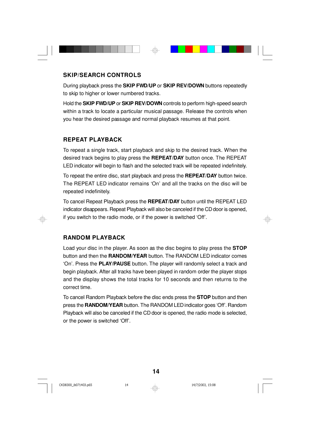 Emerson CKD8300 owner manual SKIP/SEARCH Controls, Repeat Playback, Random Playback 