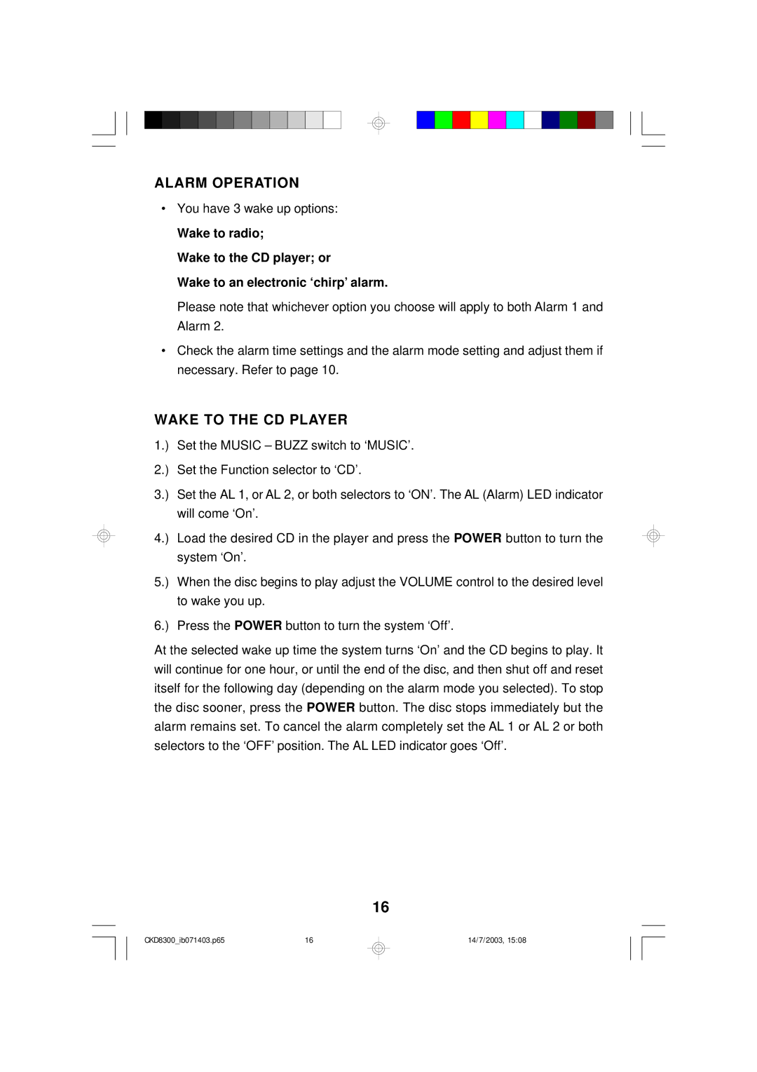 Emerson CKD8300 owner manual Alarm Operation, Wake to the CD Player 