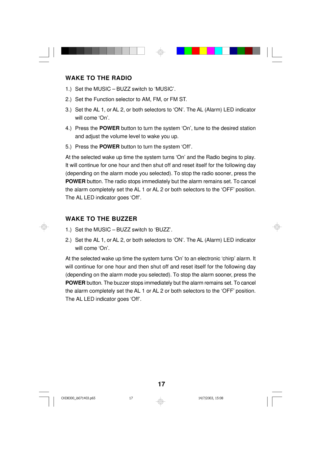 Emerson CKD8300 owner manual Wake to the Radio, Wake to the Buzzer 