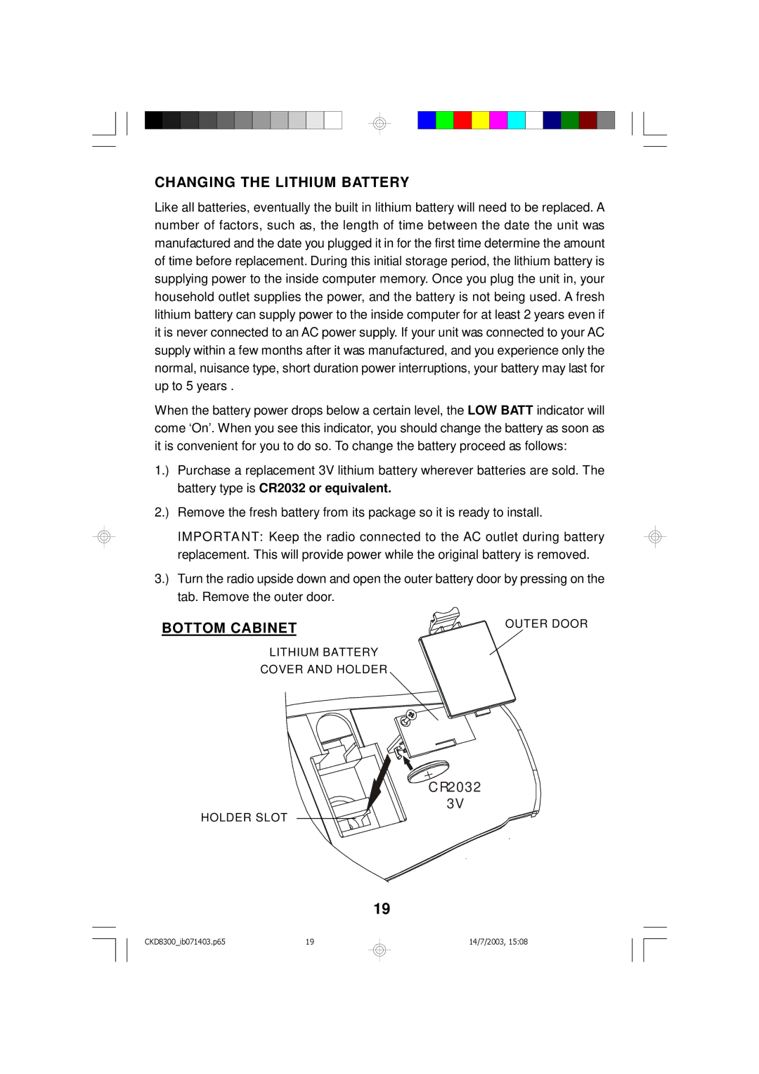 Emerson CKD8300 owner manual Changing the Lithium Battery, Bottom Cabinet 