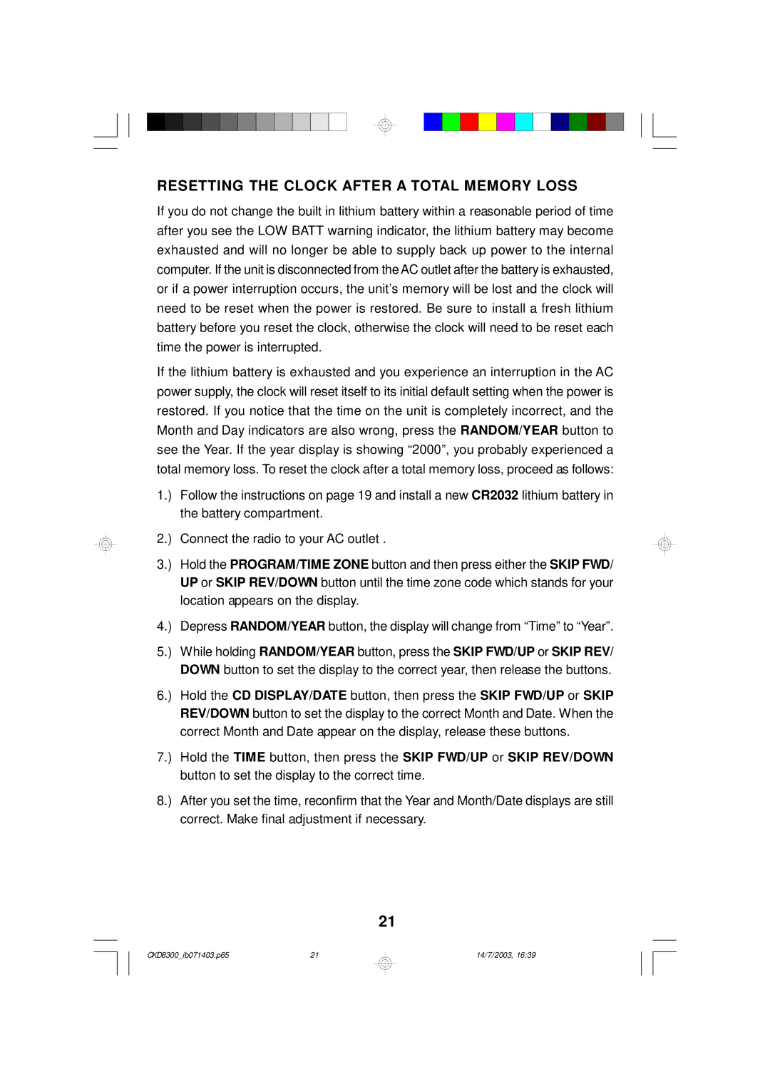 Emerson CKD8300 owner manual Resetting the Clock After a Total Memory Loss 