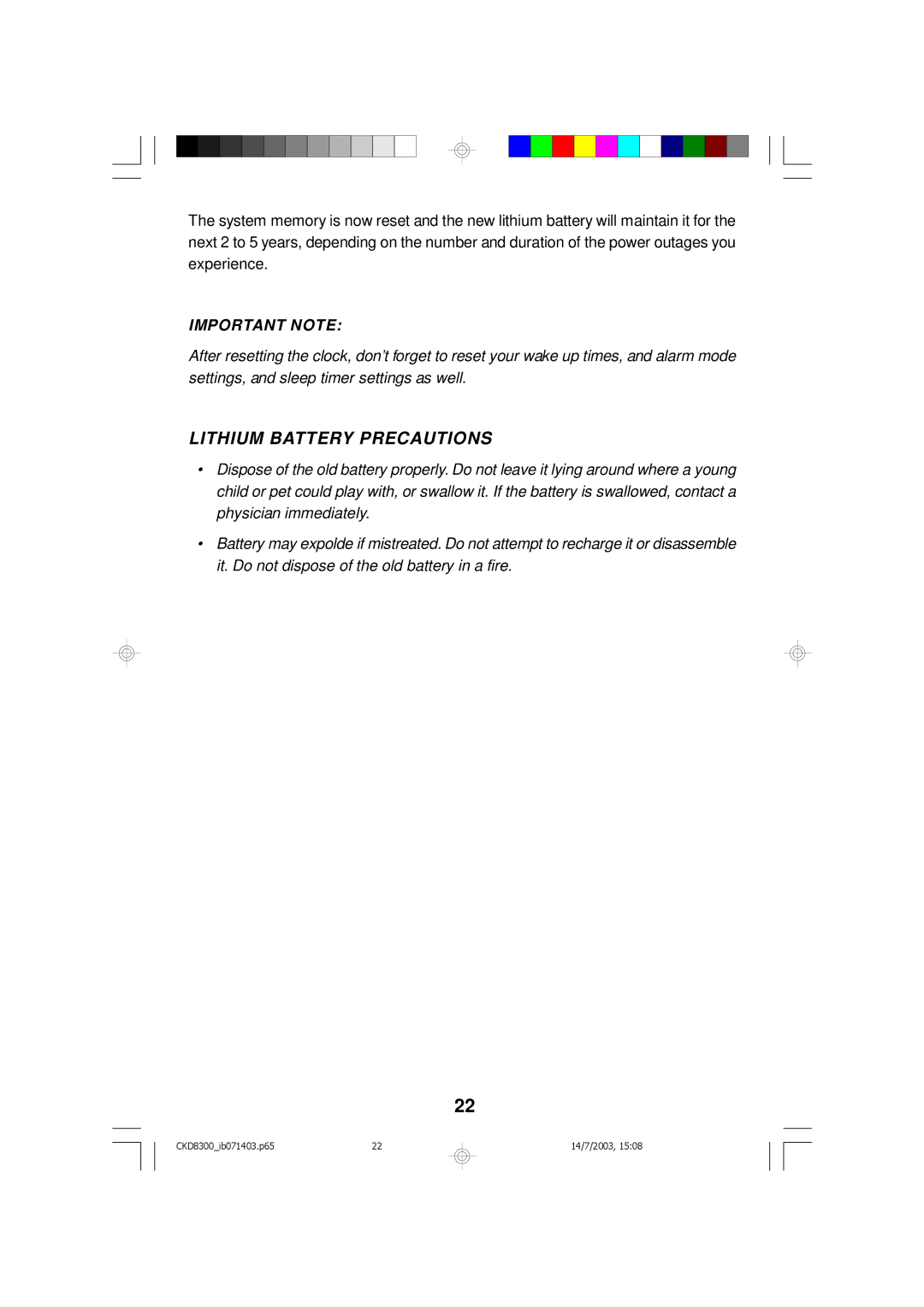 Emerson CKD8300 owner manual Lithium Battery Precautions 