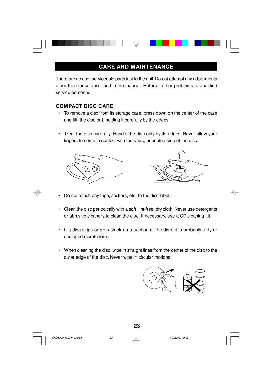 Emerson CKD8300 owner manual Care and Maintenance, Compact Disc Care 