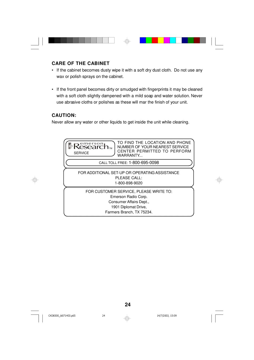 Emerson CKD8300 owner manual Care of the Cabinet 