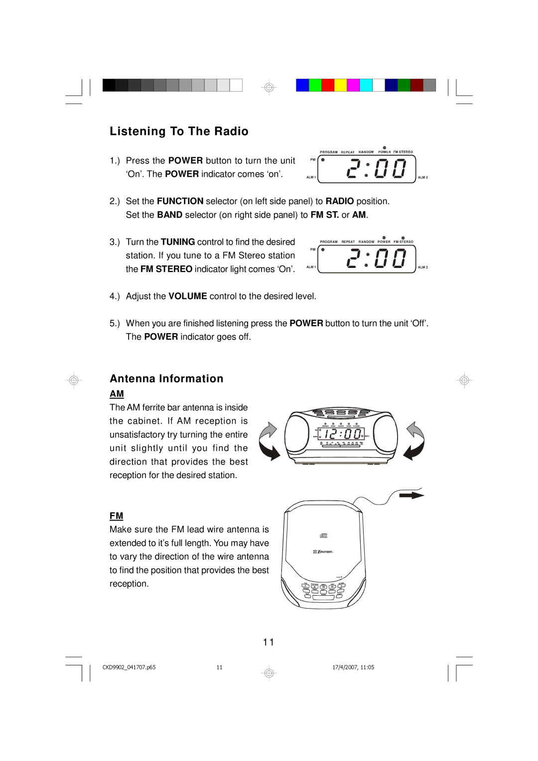 Emerson CKD9902 owner manual Listening To The Radio, Antenna Information 