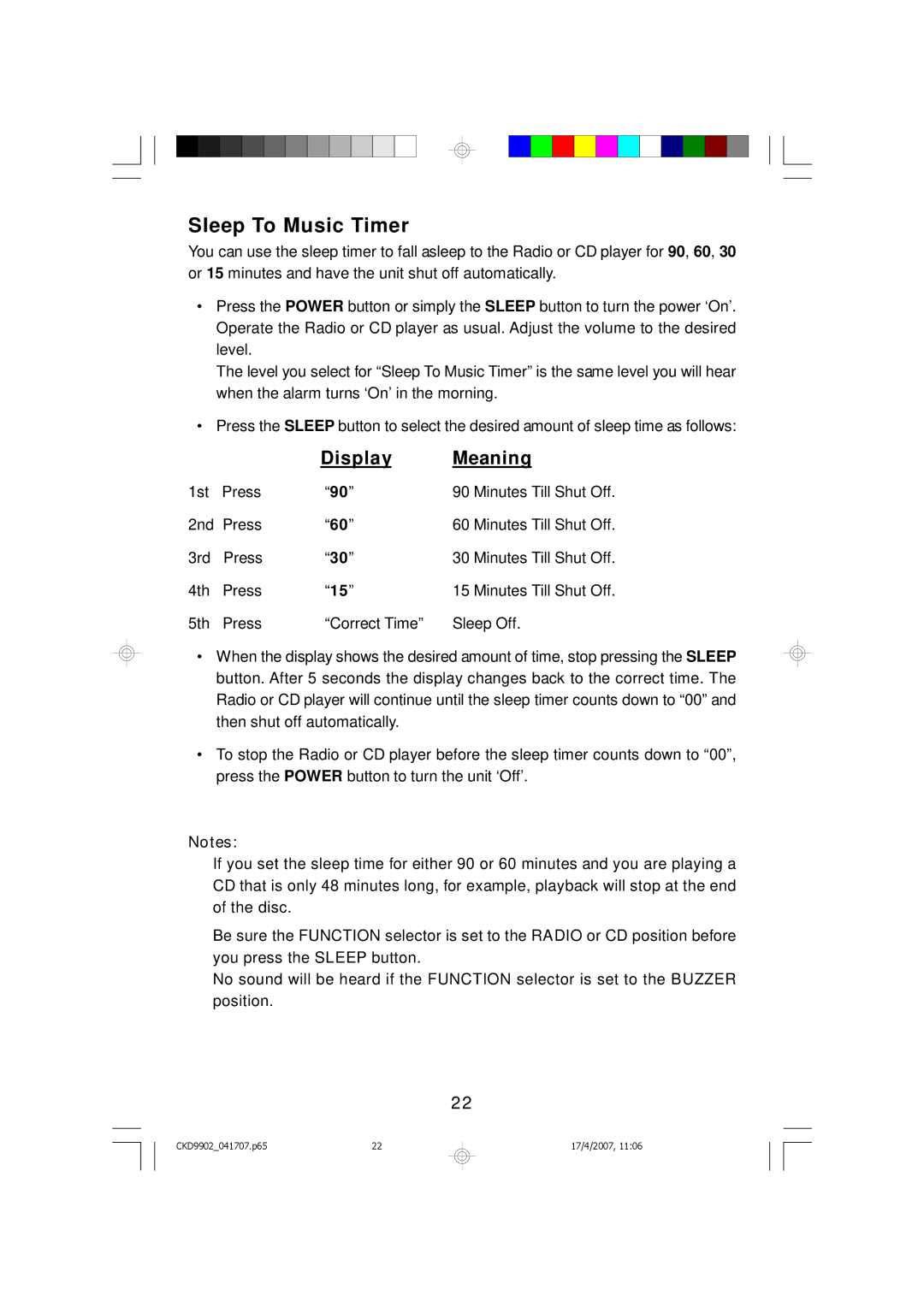 Emerson CKD9902 owner manual Sleep To Music Timer, Display Meaning 