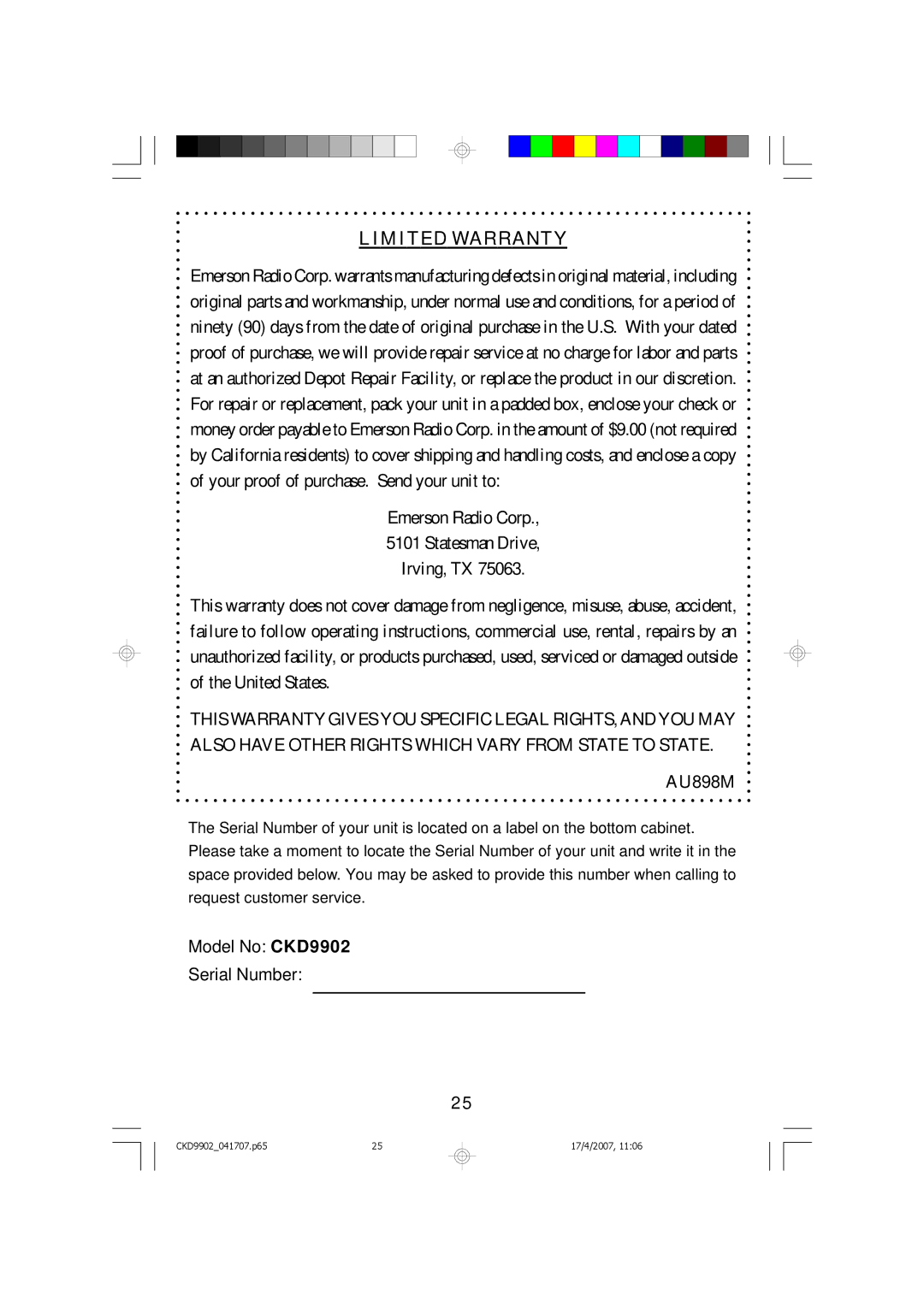 Emerson CKD9902 owner manual Limited Warranty 