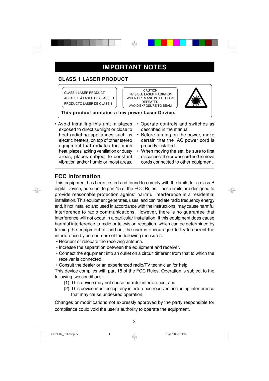 Emerson CKD9902 owner manual Important Notes, FCC Information 