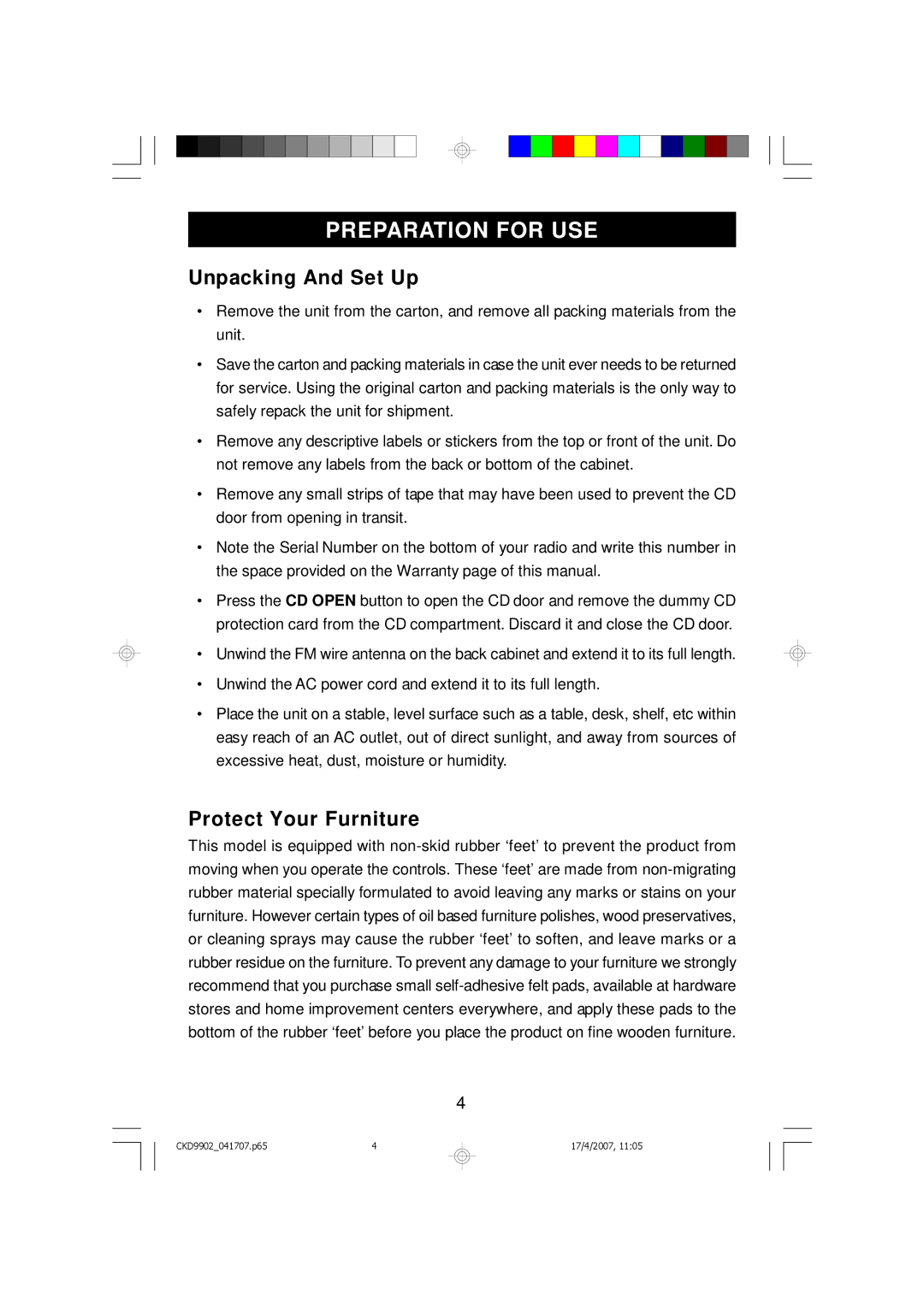 Emerson CKD9902 owner manual Preparation for USE, Unpacking And Set Up, Protect Your Furniture 