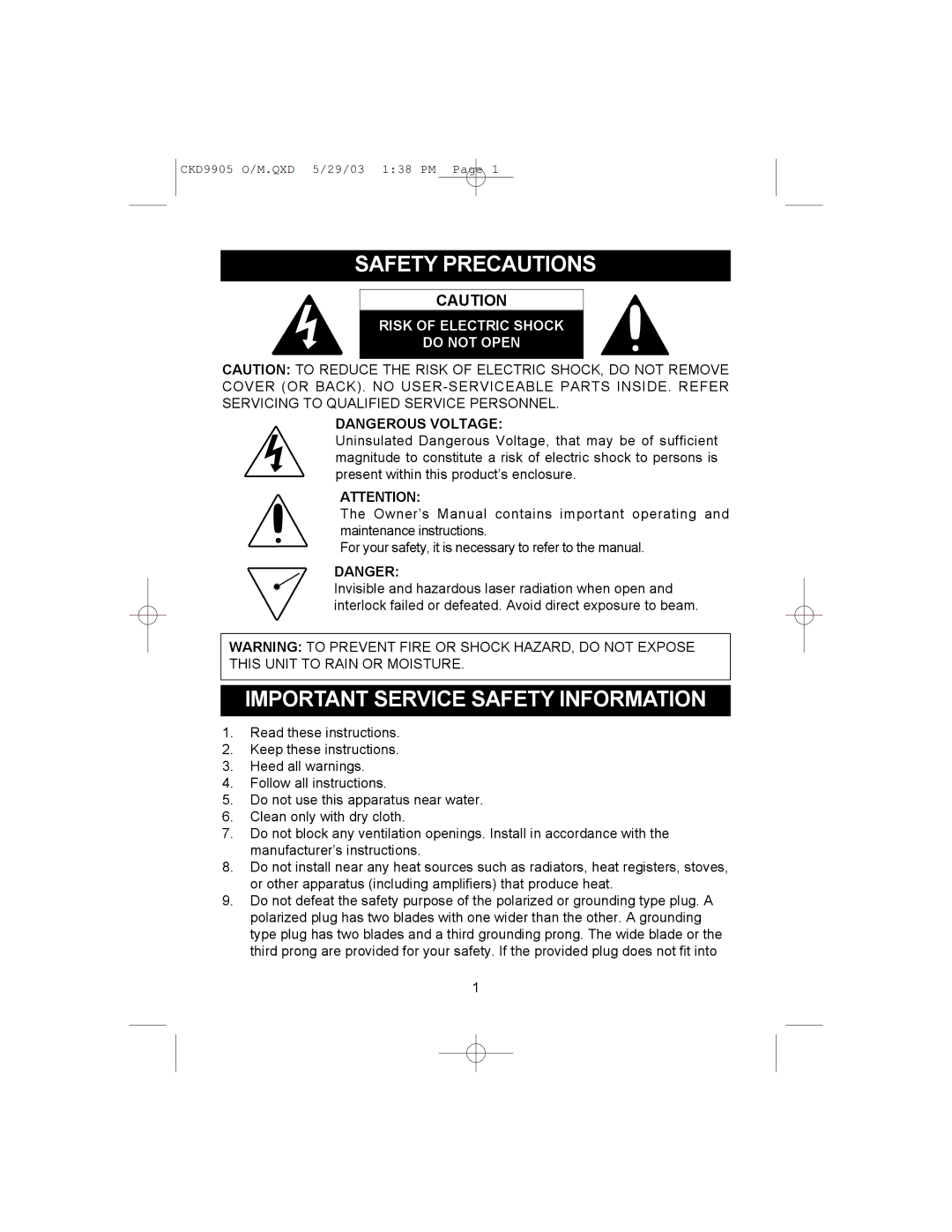 Emerson CKD9905 user service Safety Precautions, Important Service Safety Information 