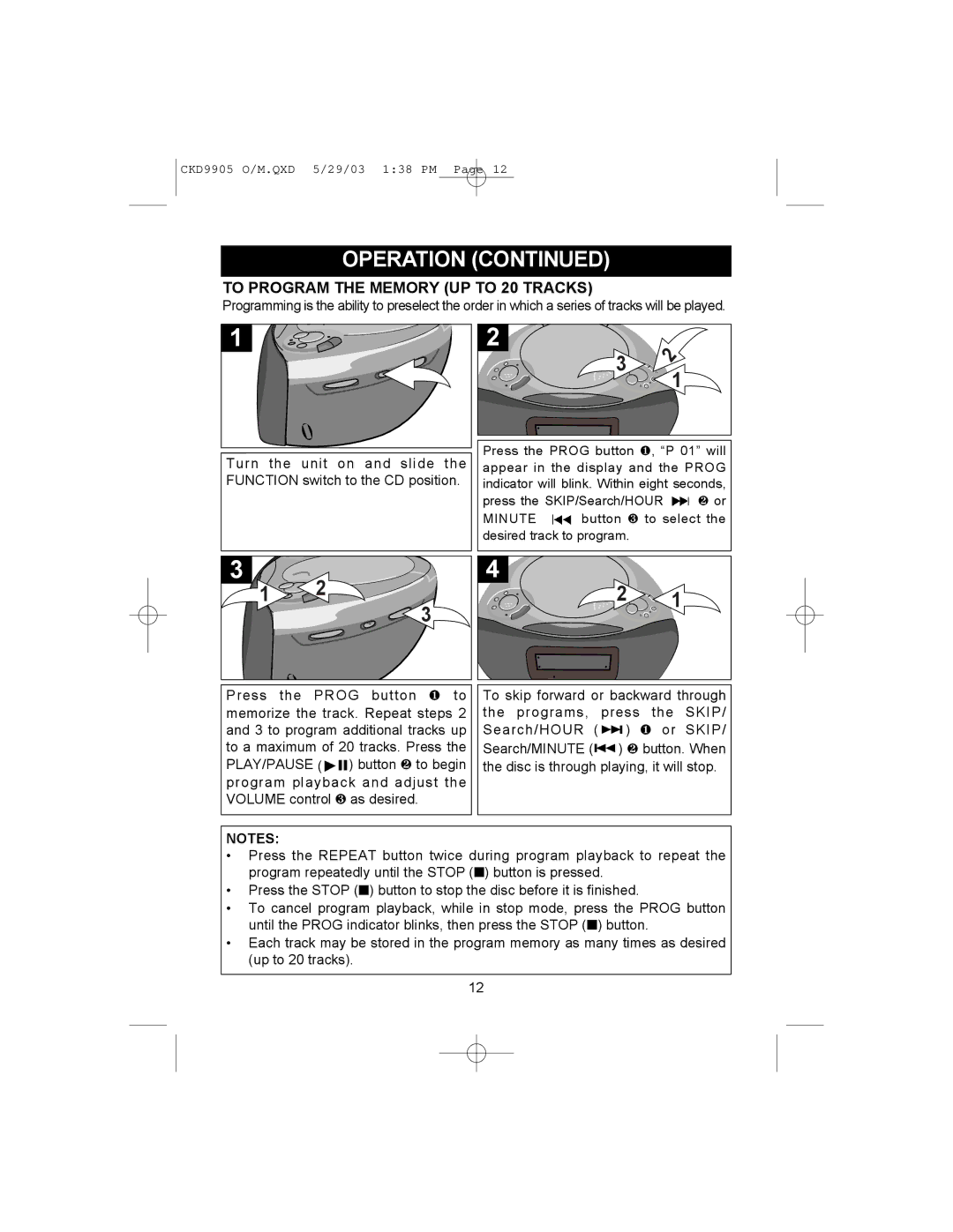 Emerson CKD9905 user service To Program the Memory UP to 20 Tracks 