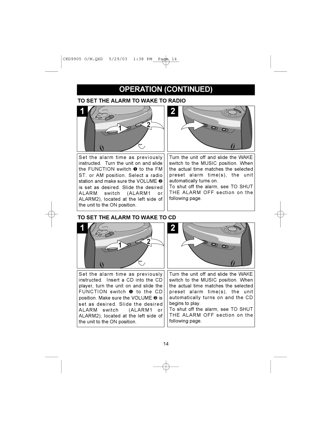 Emerson CKD9905 user service To SET the Alarm to Wake to Radio, To SET the Alarm to Wake to CD 