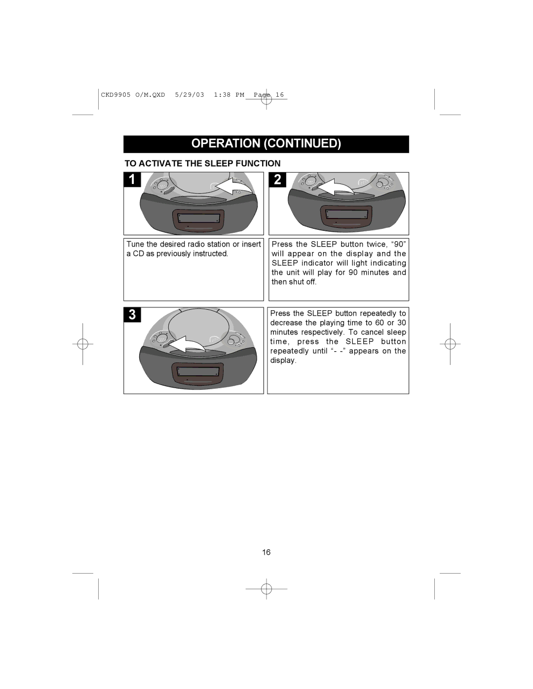 Emerson CKD9905 user service To Activate the Sleep Function 