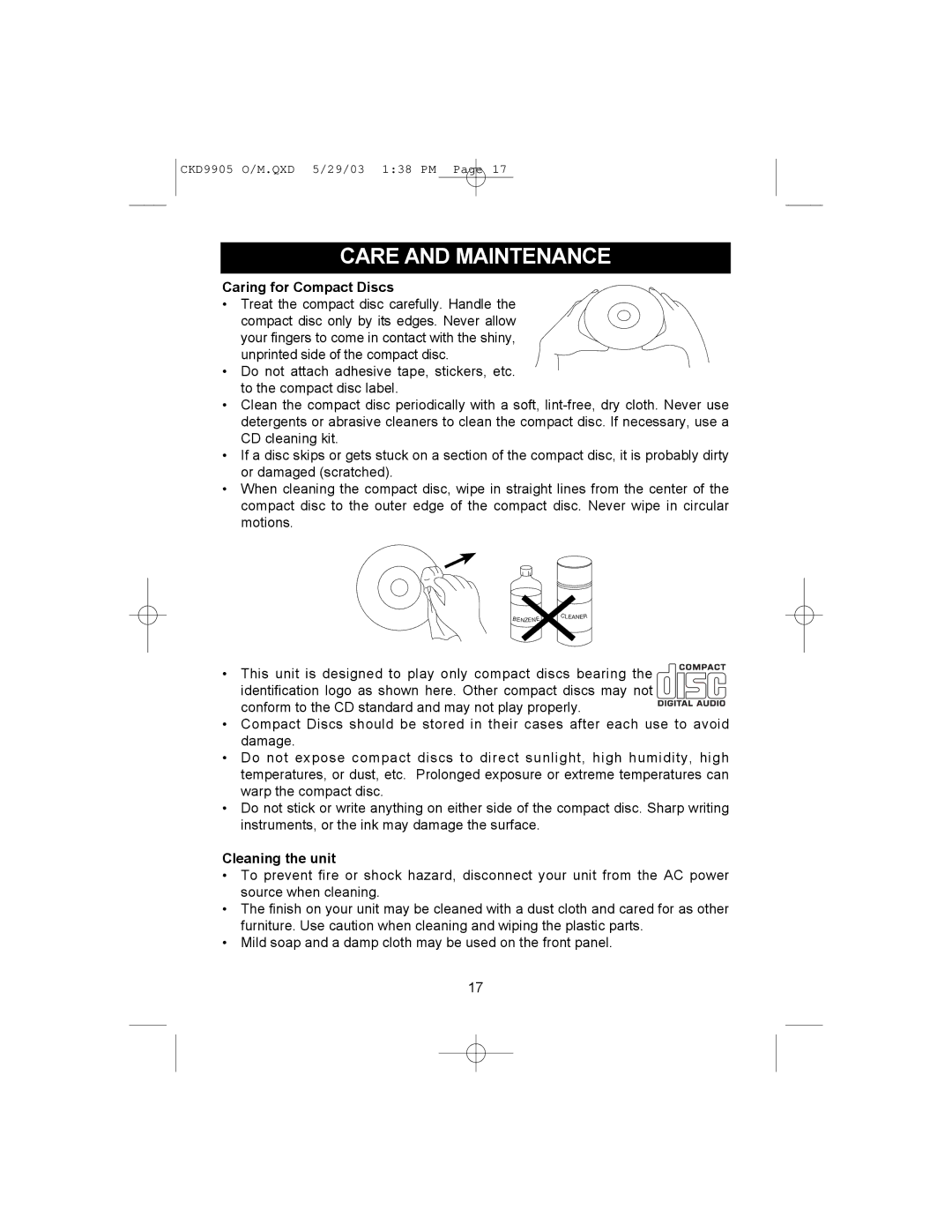 Emerson CKD9905 user service Care and Maintenance, Caring for Compact Discs 