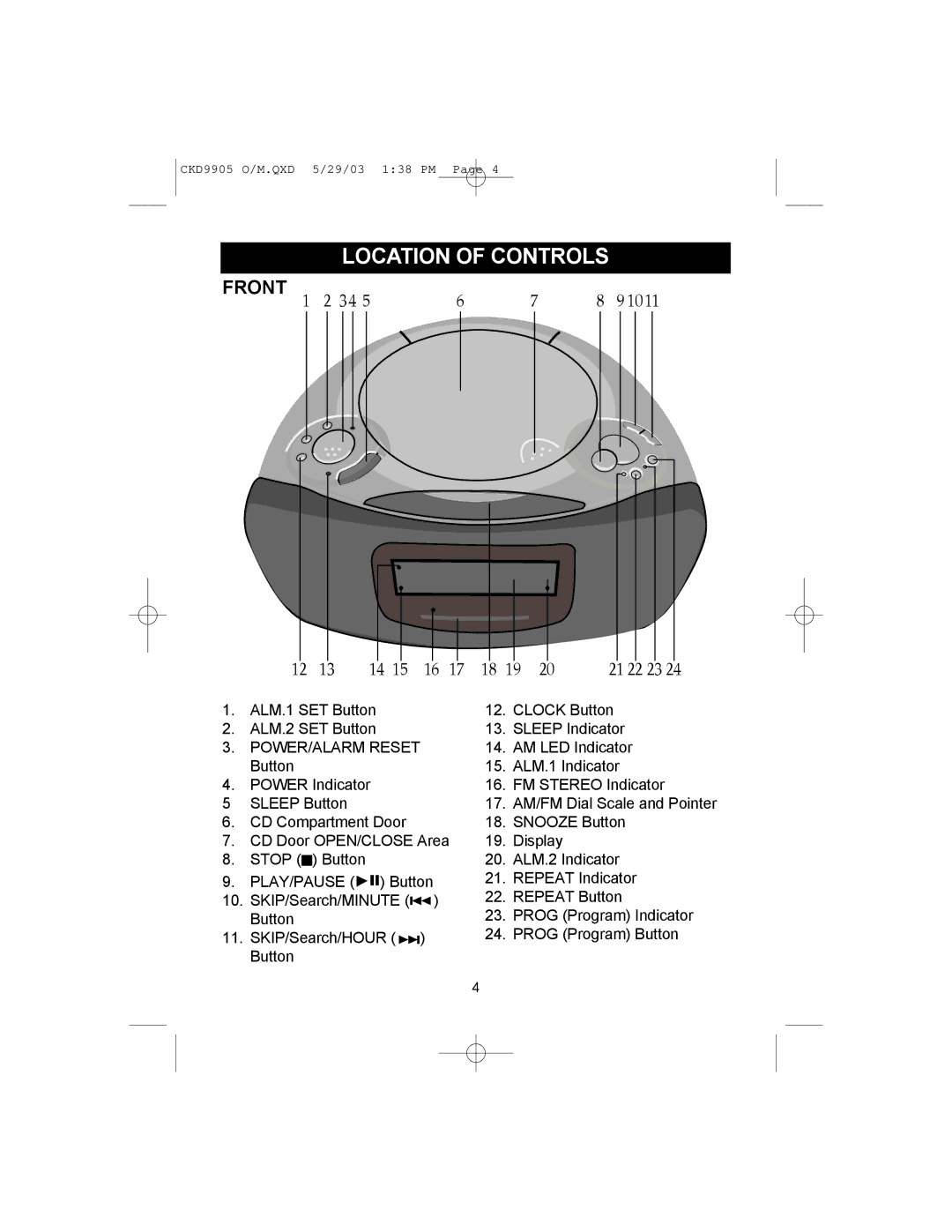 Emerson CKD9905 user service Location of Controls, Front 