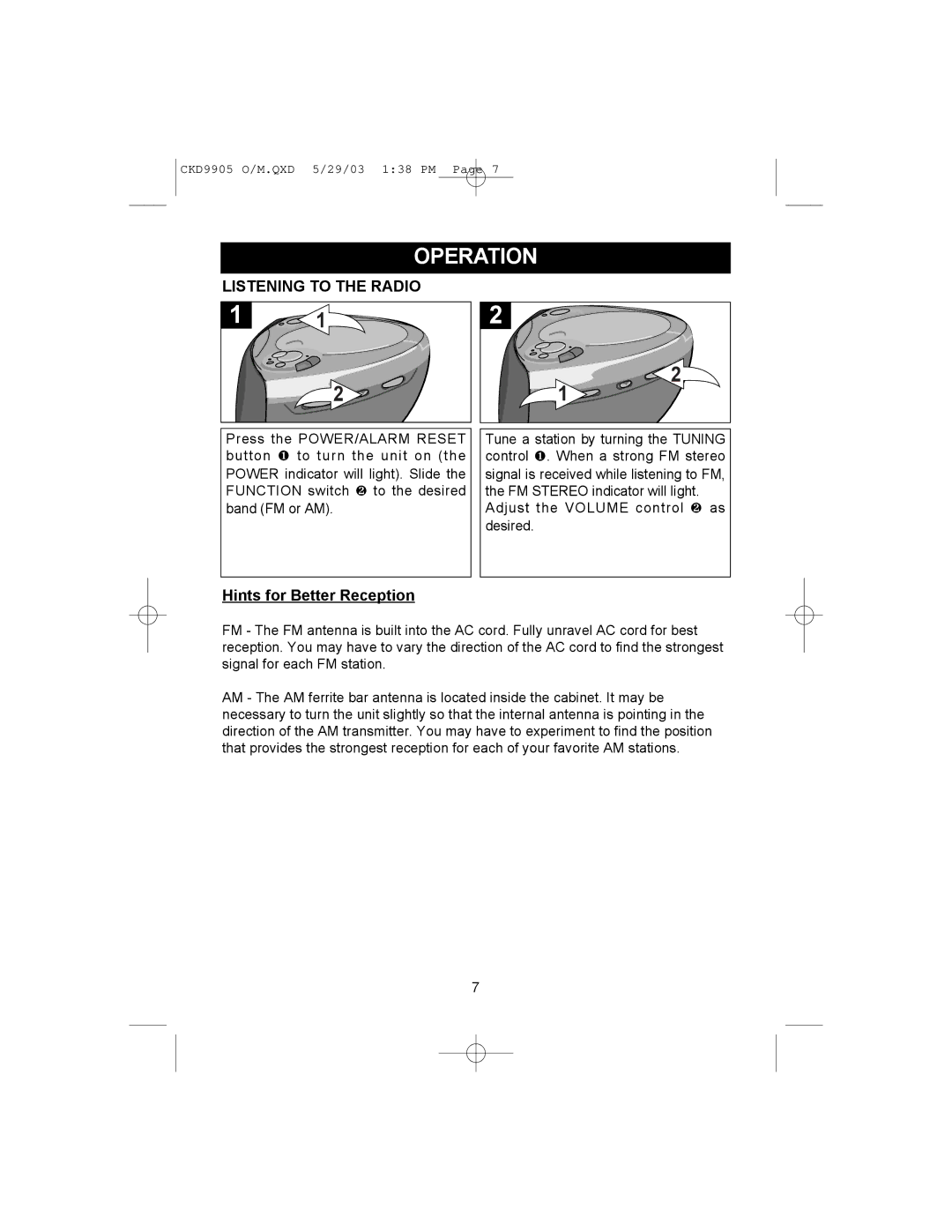 Emerson CKD9905 user service Operation, Listening to the Radio 