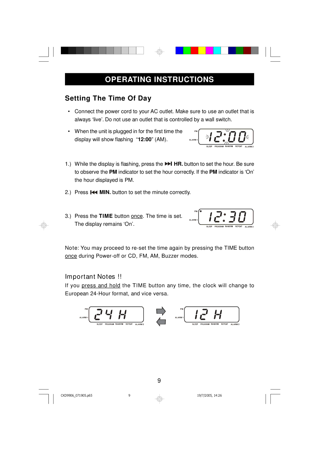 Emerson CKD9906 owner manual Operating Instructions, Setting The Time Of Day 