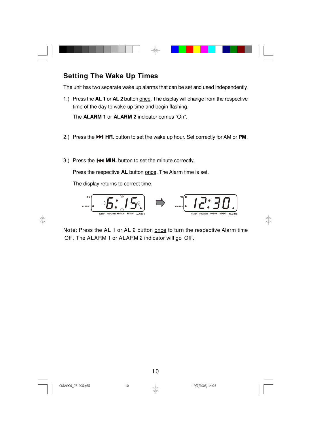 Emerson CKD9906 owner manual Setting The Wake Up Times 