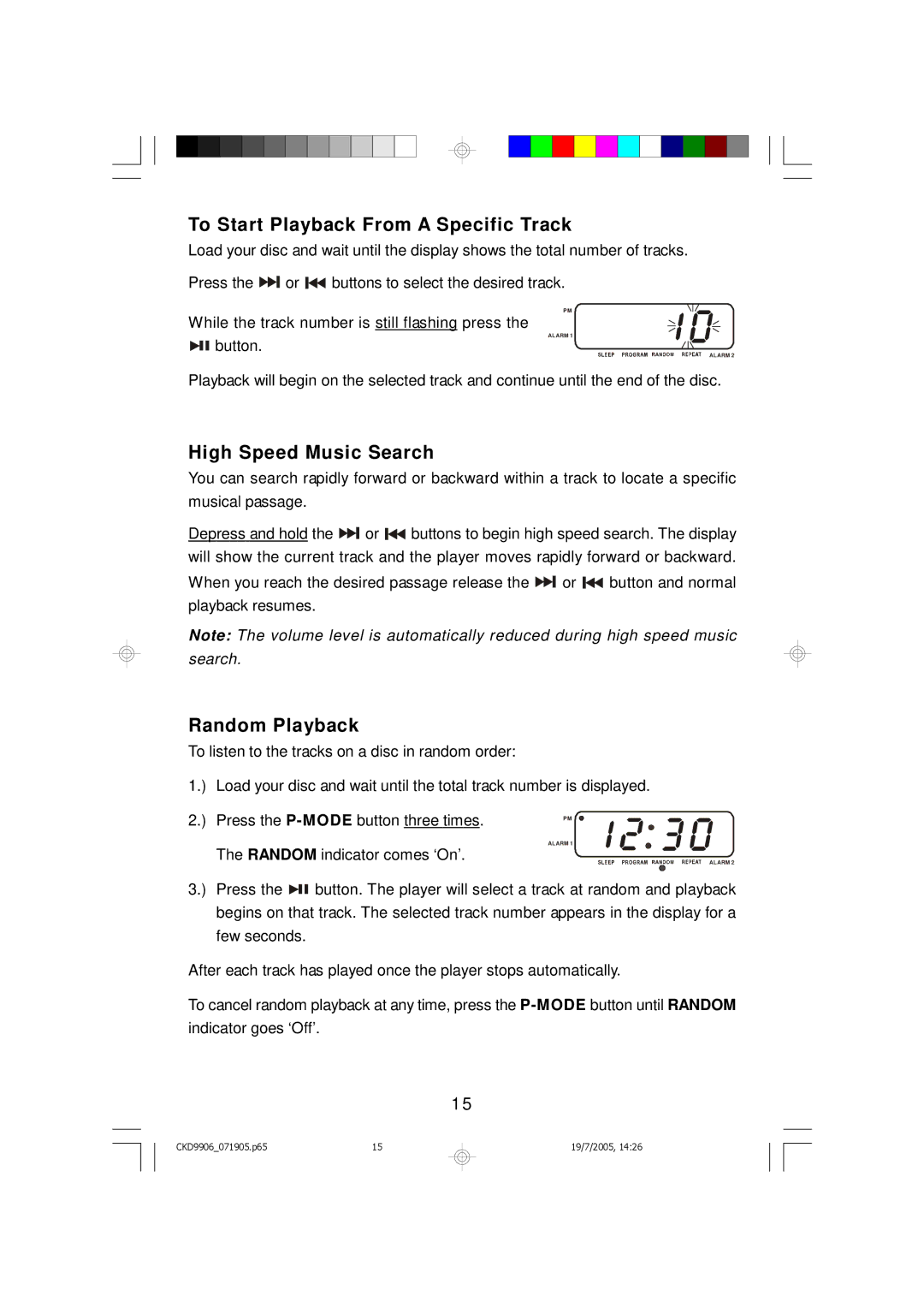 Emerson CKD9906 owner manual To Start Playback From a Specific Track, High Speed Music Search, Random Playback 