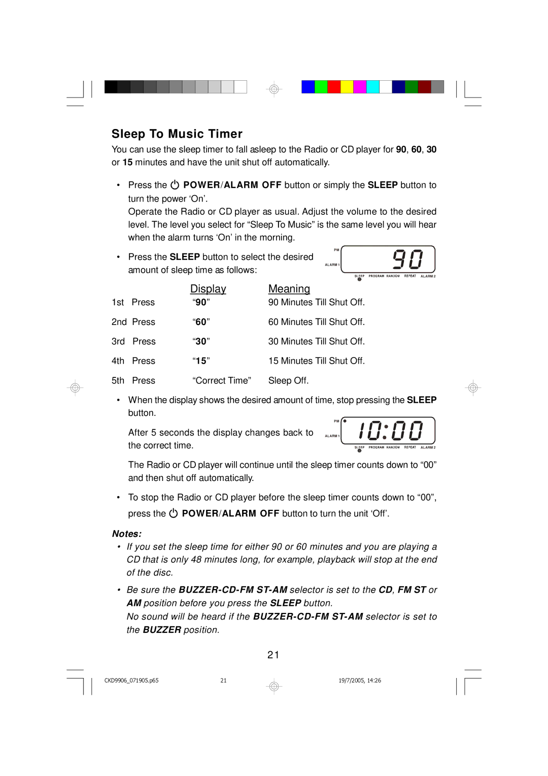 Emerson CKD9906 owner manual Sleep To Music Timer, Display Meaning 