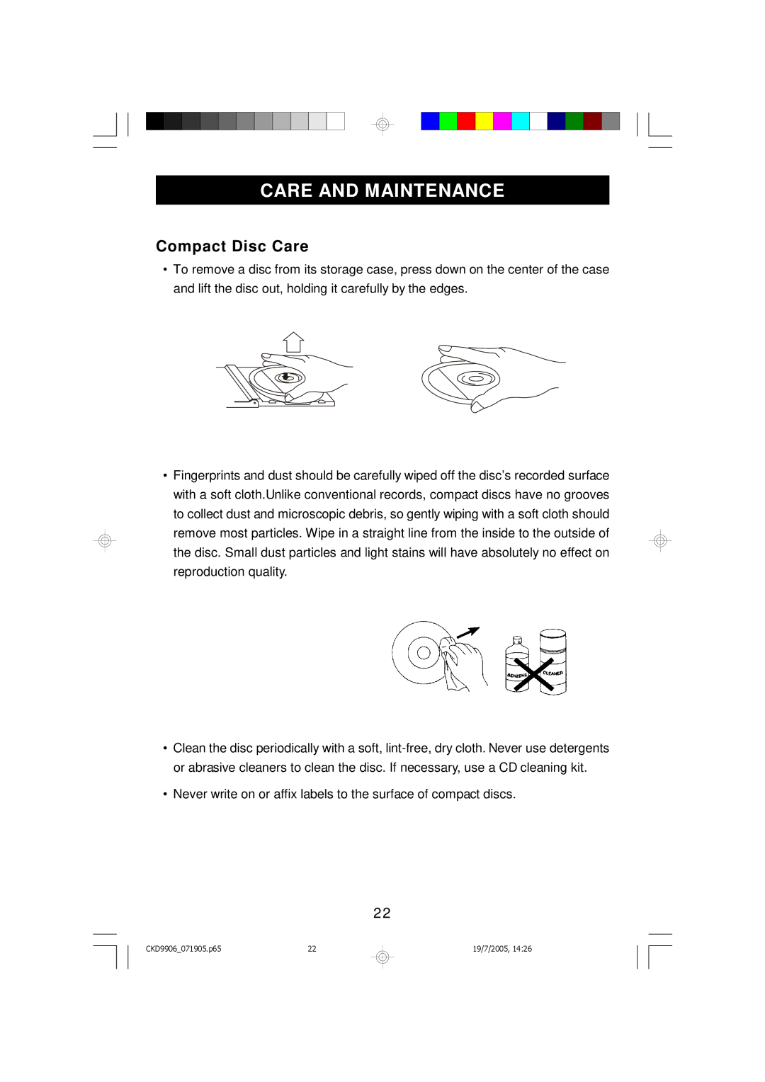 Emerson CKD9906 owner manual Care and Maintenance, Compact Disc Care 