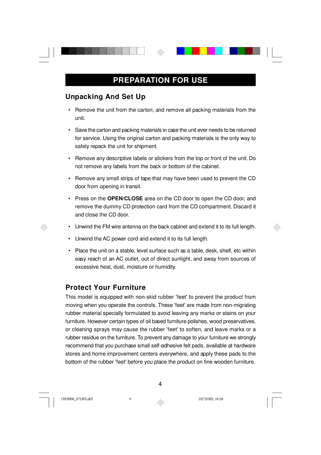 Emerson CKD9906 owner manual Preparation for USE, Unpacking And Set Up, Protect Your Furniture 