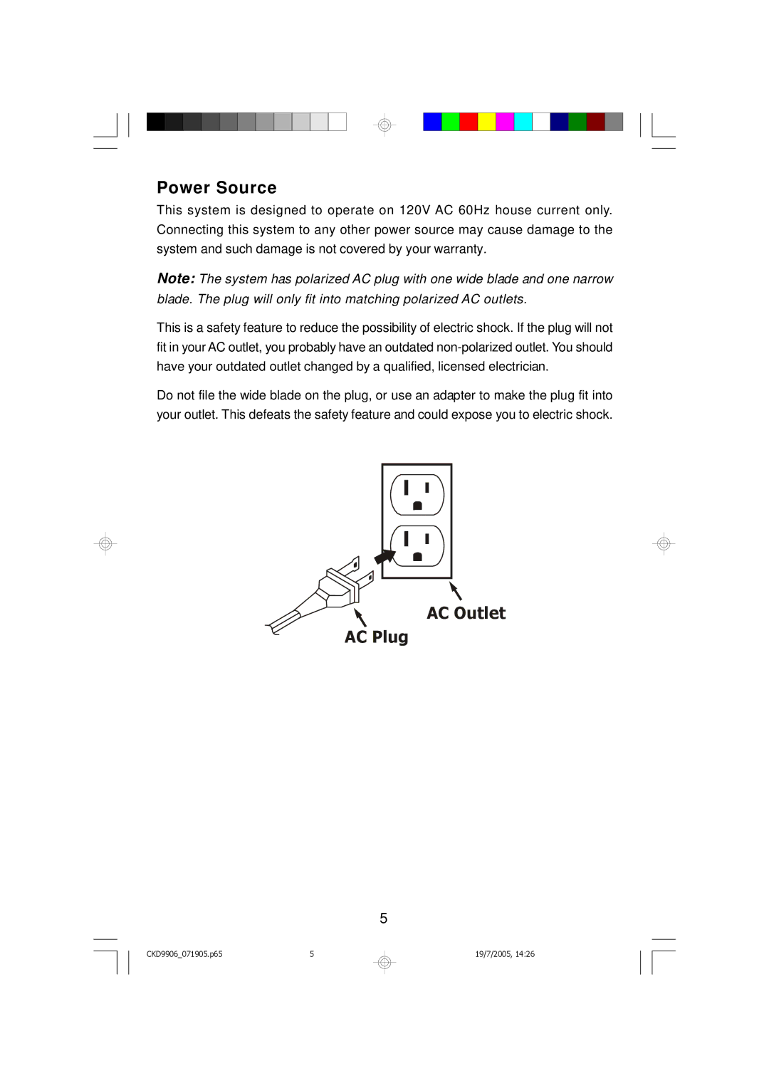 Emerson CKD9906 owner manual Power Source, AC Outlet AC Plug 