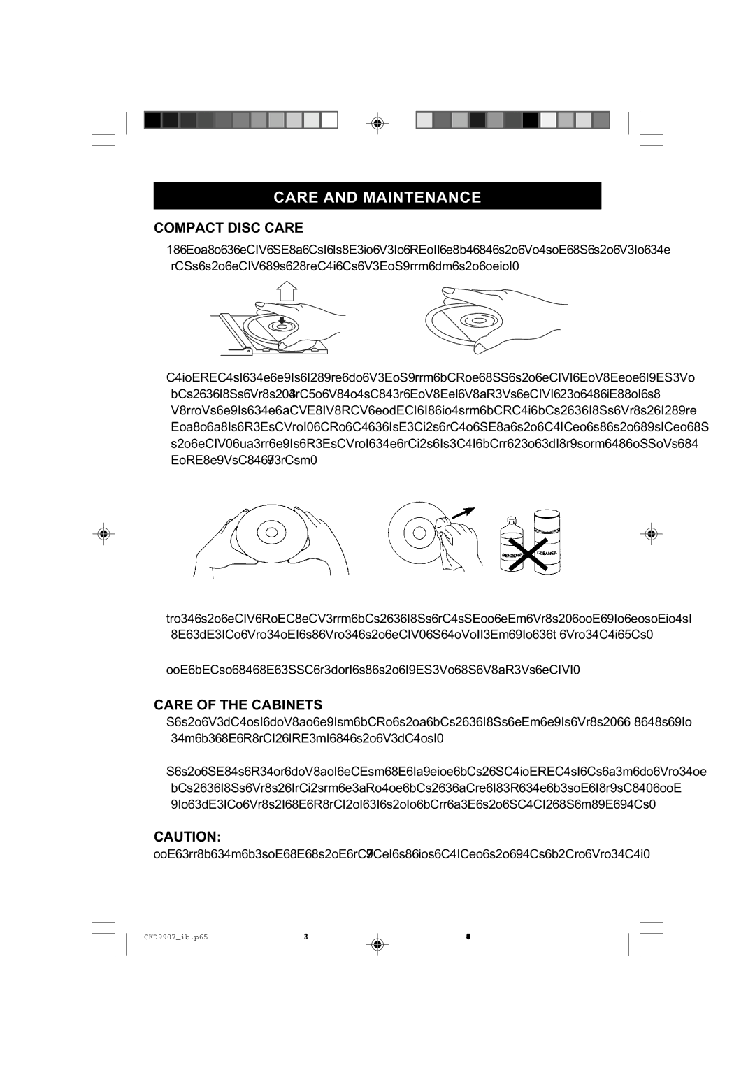 Emerson CKD9907 manual Care and Maintenance, Compact Disc Care, Care of the Cabinets 