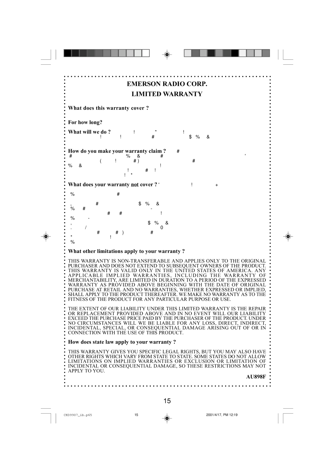 Emerson CKD9907 manual Emerson Radio Corp Limited Warranty 