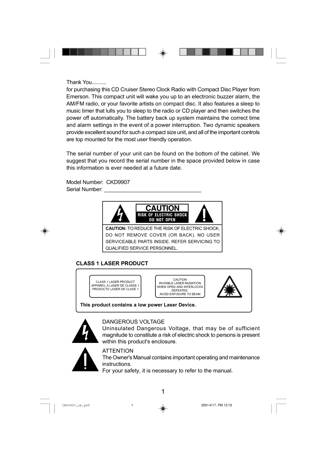 Emerson CKD9907 manual Class 1 Laser Product 