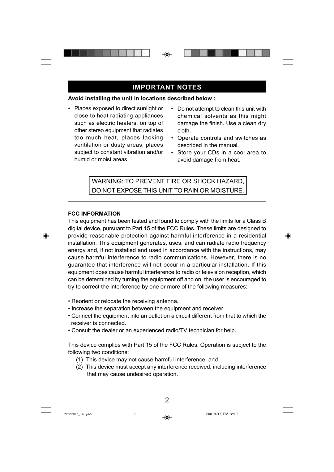 Emerson CKD9907 manual Important Notes, Do not Expose this Unit to Rain or Moisture, FCC Information 