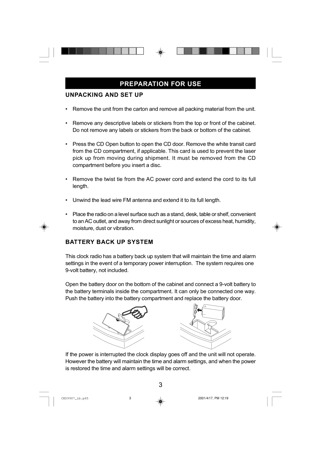 Emerson CKD9907 manual Preparation for USE, Unpacking and SET UP, Battery Back UP System 