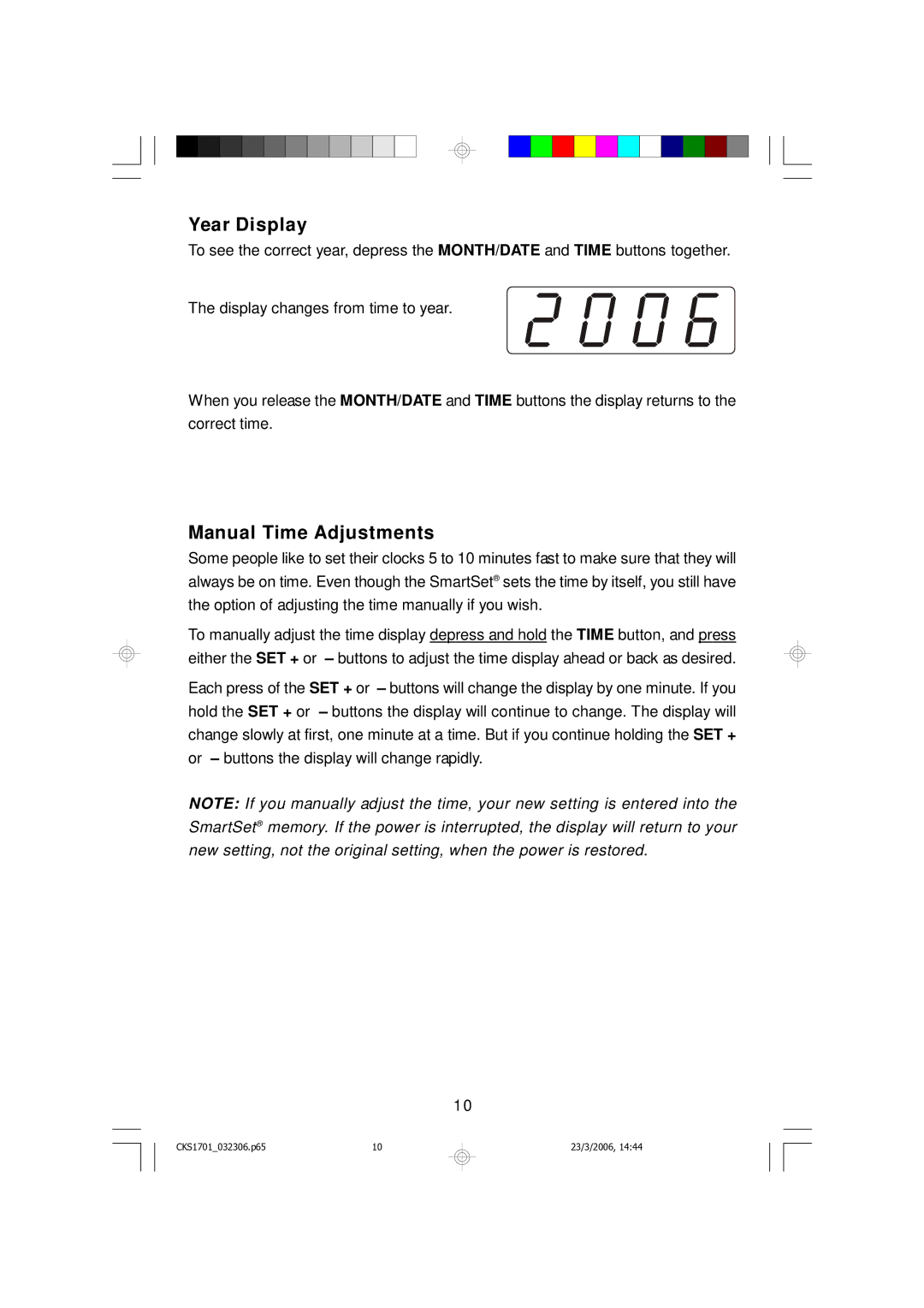 Emerson CKS1701 owner manual Year Display, Manual Time Adjustments 