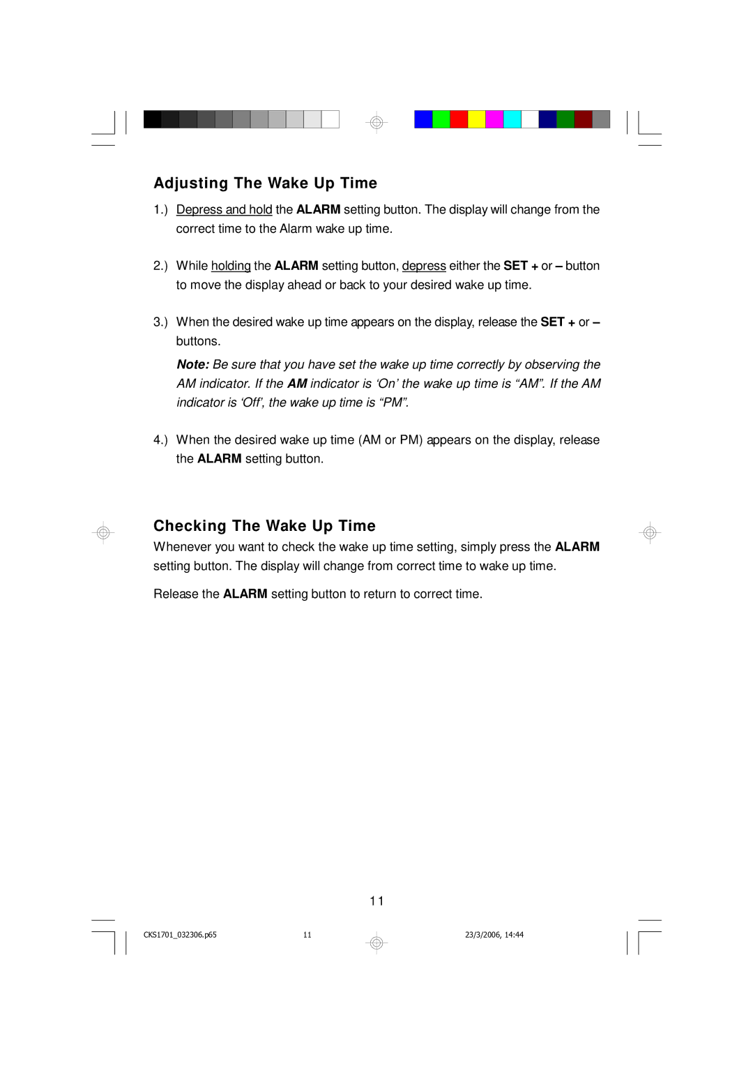 Emerson CKS1701 owner manual Adjusting The Wake Up Time, Checking The Wake Up Time 