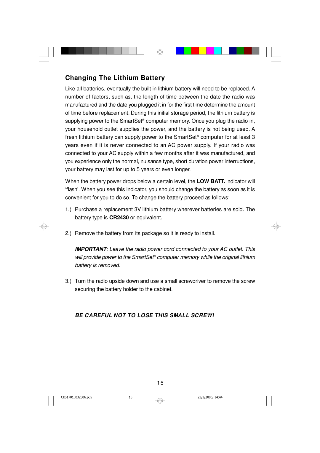 Emerson CKS1701 owner manual Changing The Lithium Battery, Be Careful not to Lose this Small Screw 