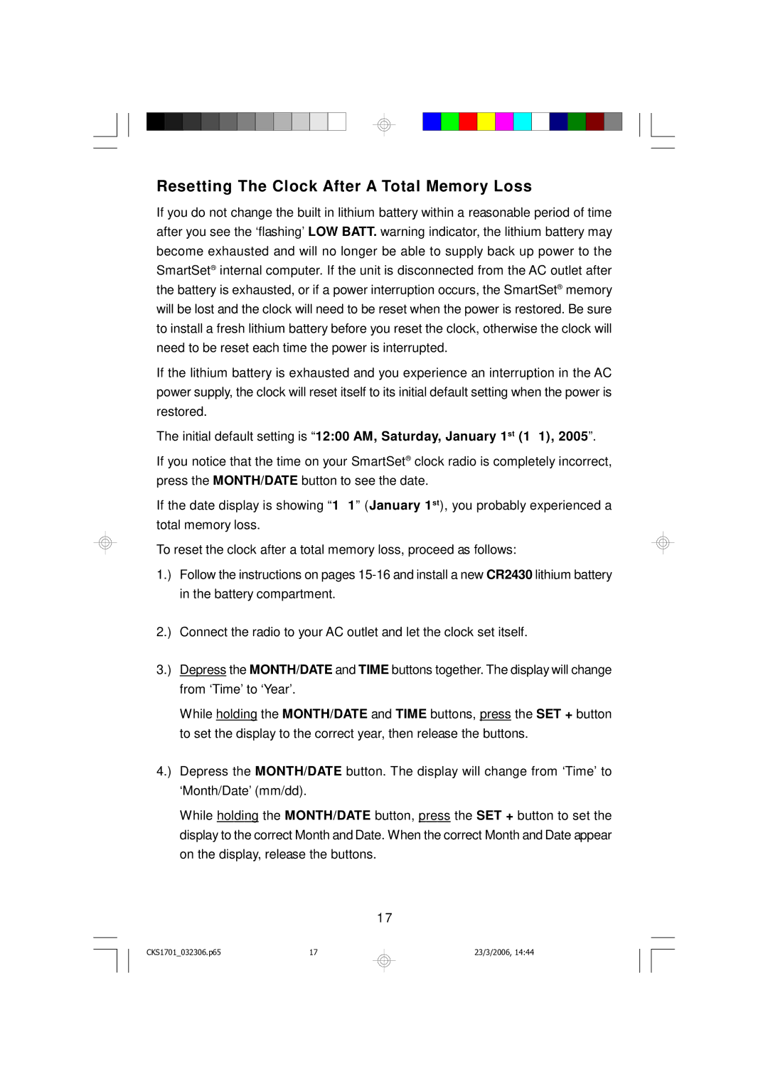 Emerson CKS1701 owner manual Resetting The Clock After a Total Memory Loss 