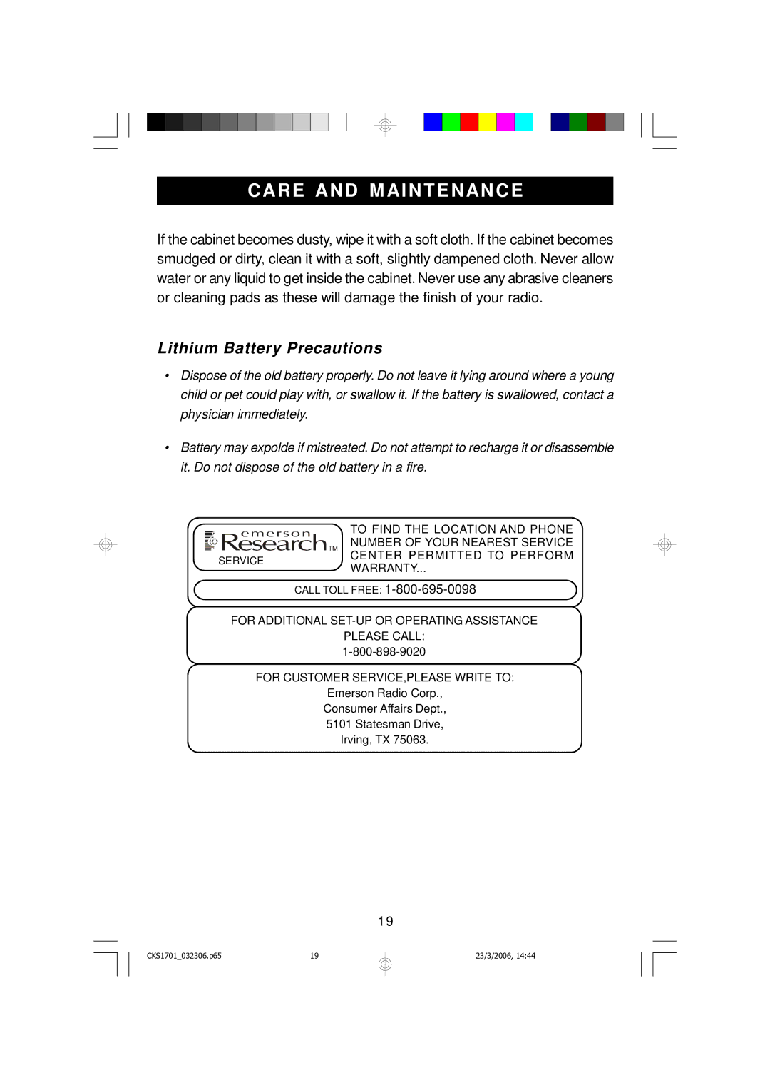 Emerson CKS1701 owner manual Care and M Aintenance, Lithium Battery Precautions 