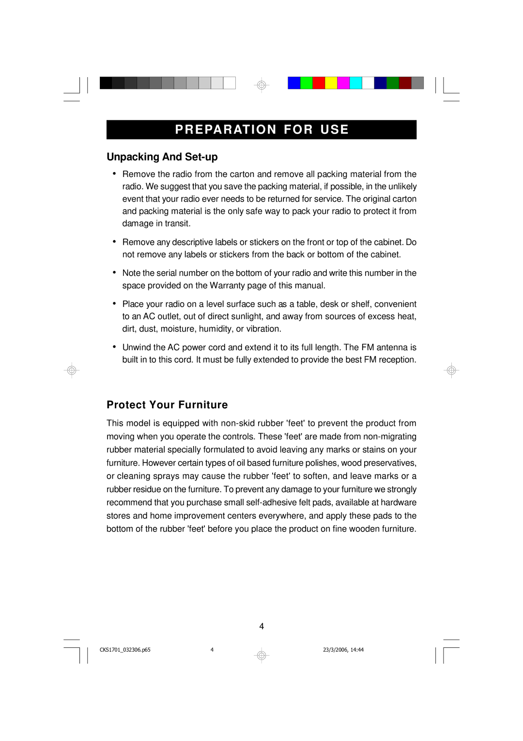 Emerson CKS1701 owner manual Preparation for USE, Unpacking And Set-up, Protect Your Furniture 